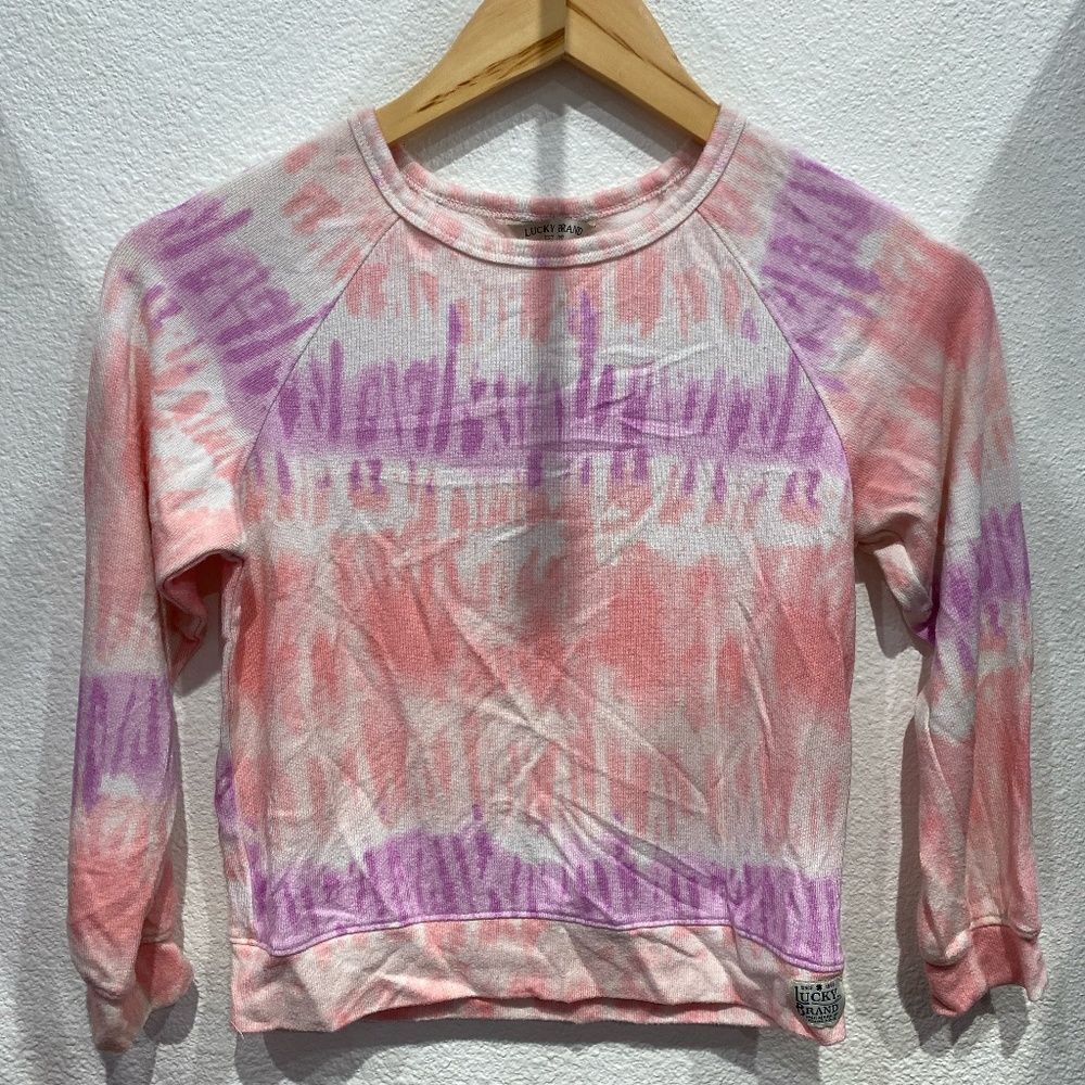 Lucky Brand Junior Sweater Large Pink Tie Dye Long Sleeve Round Neck Size Small